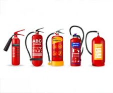 Graphic of five fire extinguishers side by side. All in signal red with category band visible, from left to right, of the black carbon dioxide, white ABC, yellow wet chemical, blue water, and orange foam fire extinguishers.