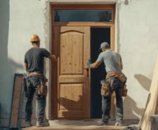 Skilled carpenters installing wooden front door into frame