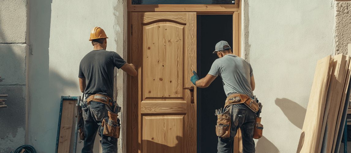 Skilled carpenters installing wooden front door into frame
