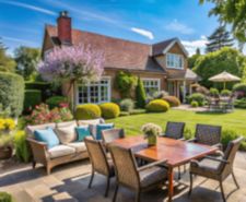 A landscaped backyard with a patio dining set, green lawn, colorful flowers, and a cozy house in the background.