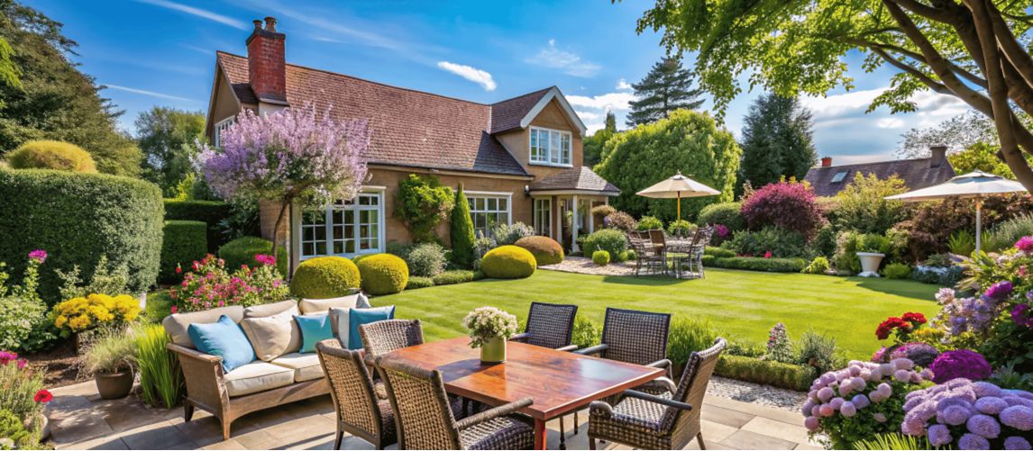 A landscaped backyard with a patio dining set, green lawn, colorful flowers, and a cozy house in the background.
