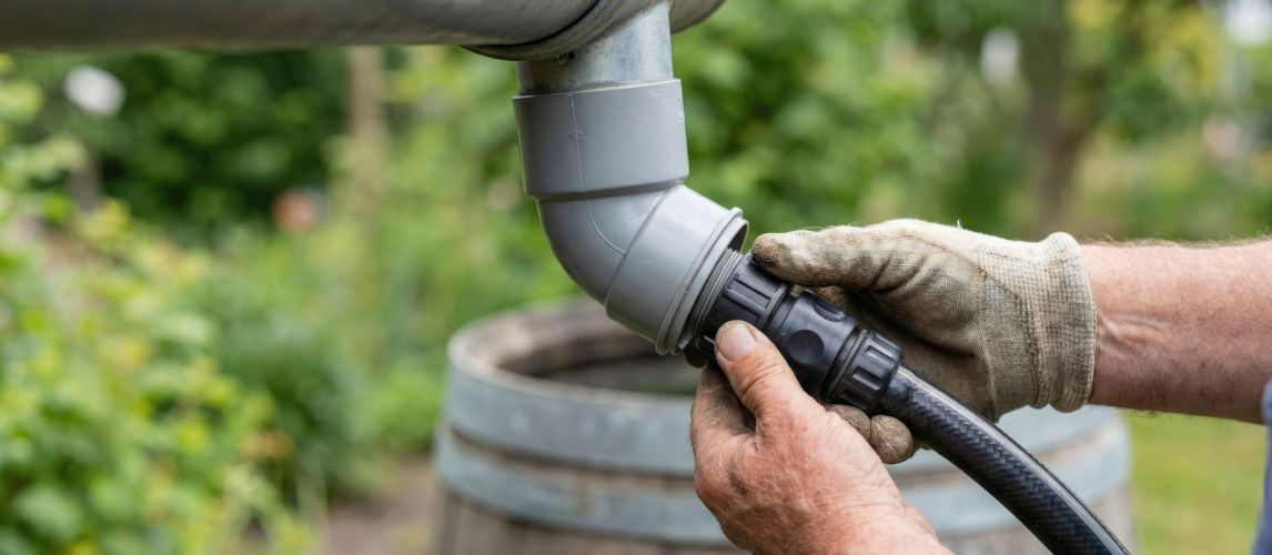 Gardener connecting a hose to a downspout diverter on a rain barrel to collect rainwater for the garden.