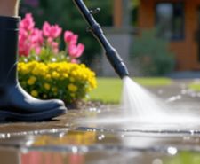 a person using water pressure to clean paving slabs