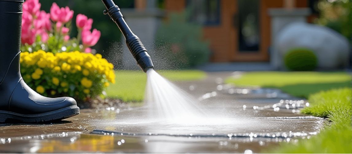a person using water pressure to clean paving slabs