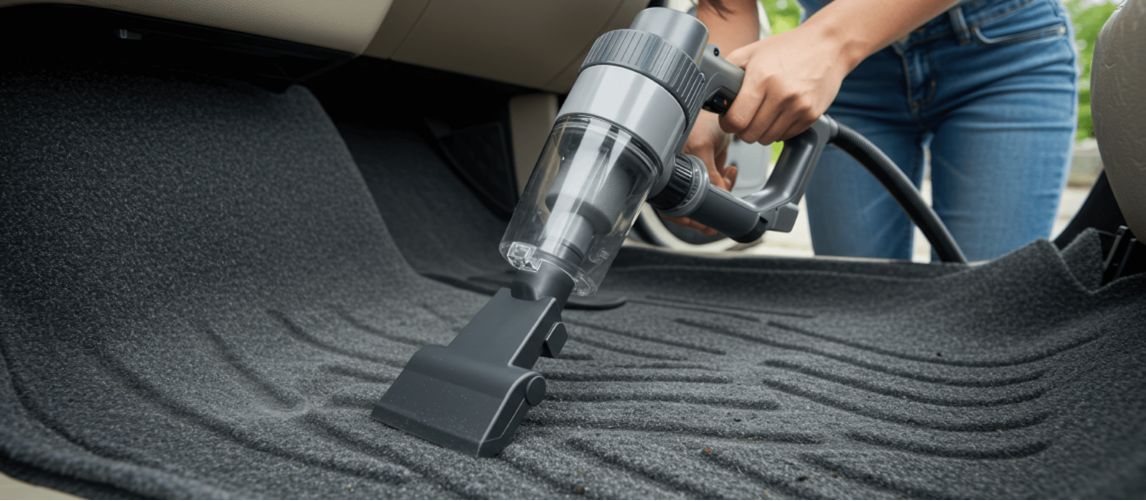 close up of handheld vacuum being used to clean car mats