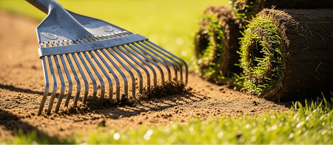 Garden rake levelling soil beside fresh rolls of grass