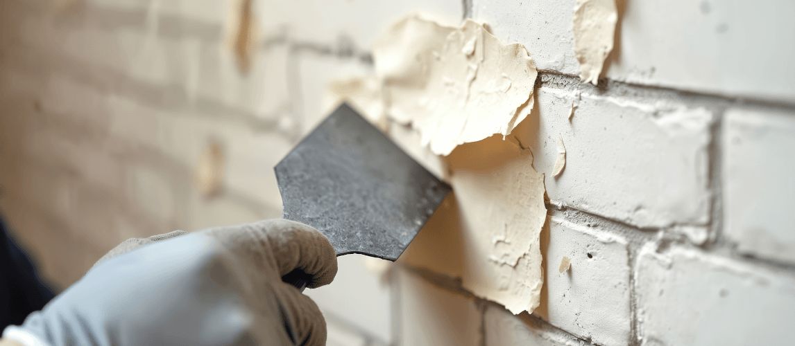 Gloved hand removing paint from brick