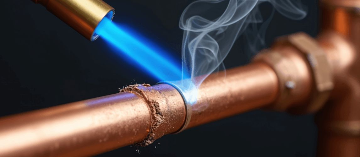 Plumber using a blow torch to solder a copper pipe joint