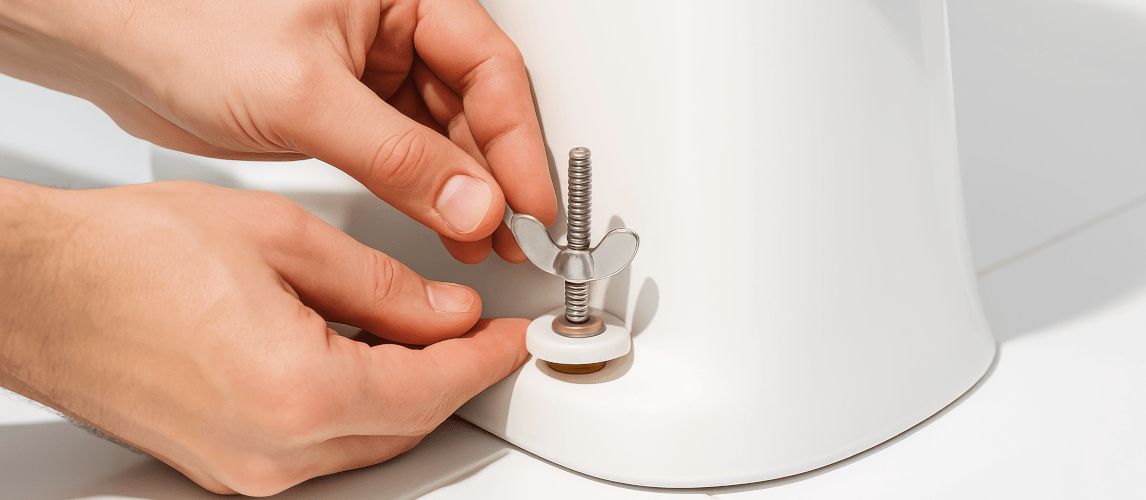 Close-up shot of a plumber fixing or installing a toilet seat with a wing nut