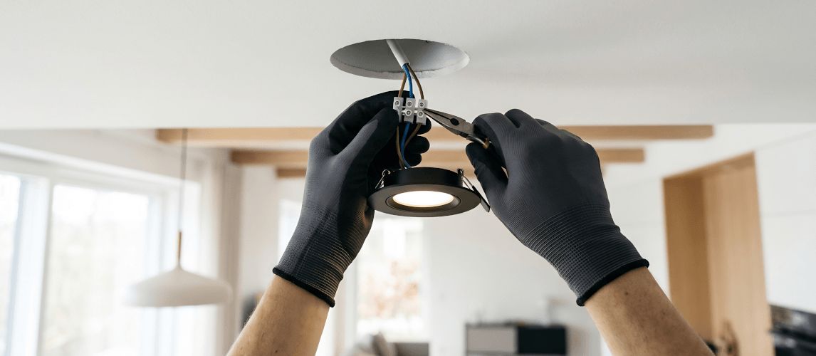 gloved hands wiring ceiling light