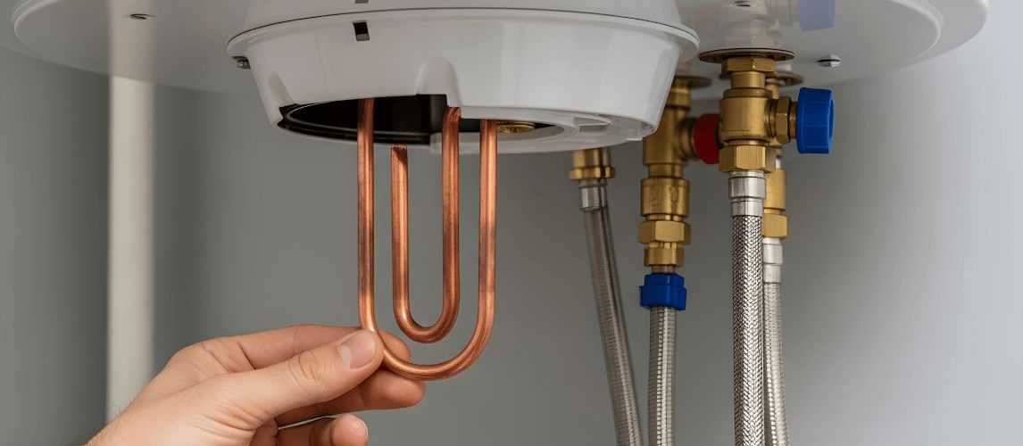 Professional plumber installing new boiler immersion heater element.