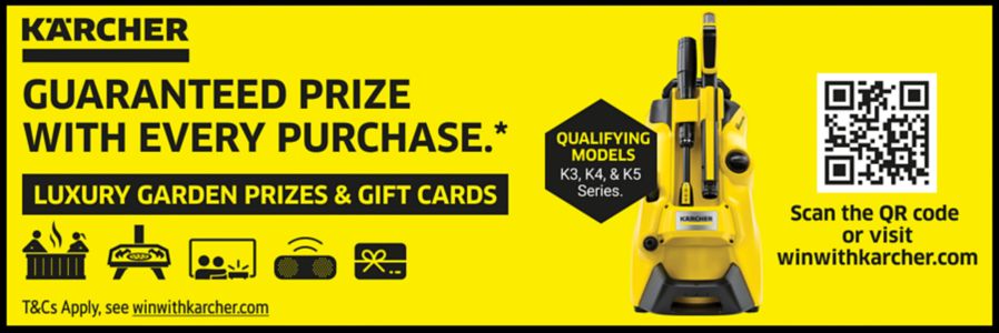 Guaranteed Prize with selected Karcher Purchases, Scan the QR Code to enter. T&C's apply