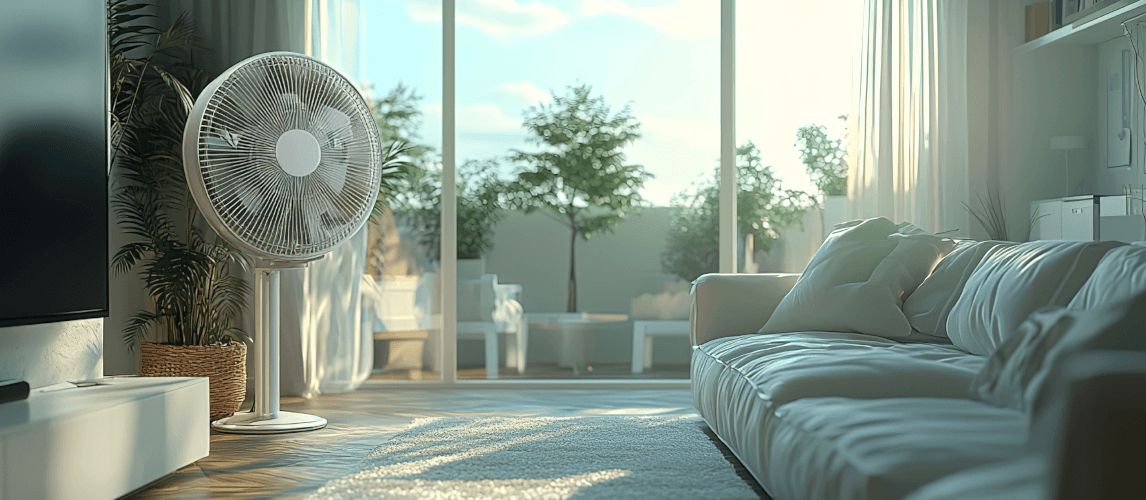 electric fan in a sunny living room