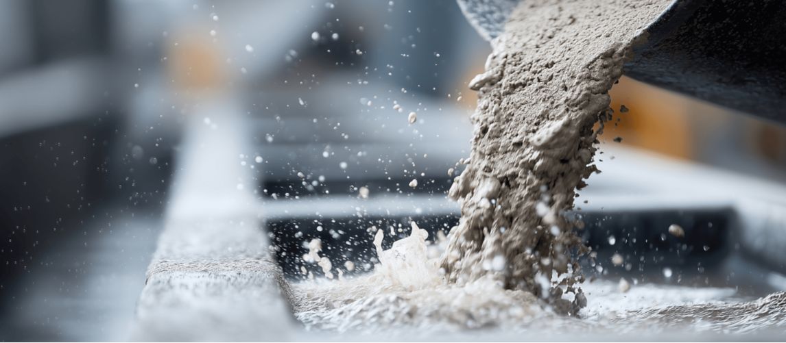 concrete mix being poured from a bucket into a hole.