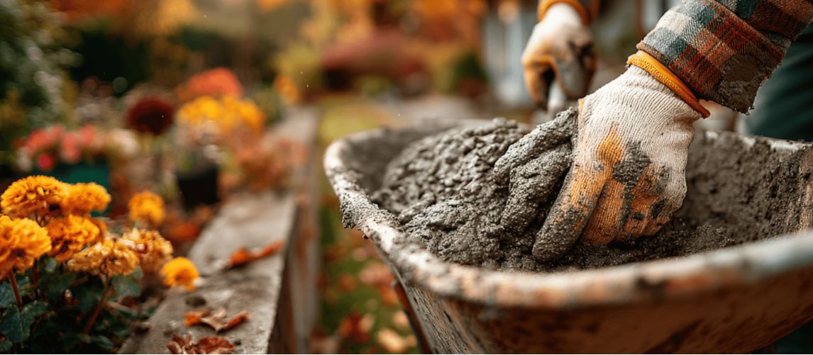 A worker mixing mortar in a wheelbarrow