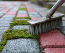 stiff brush scraping moss off pathway