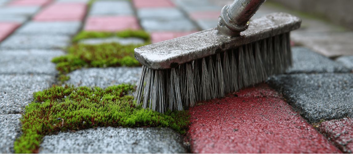 stiff brush scraping moss off concrete pathway