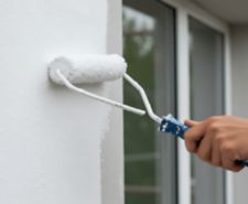 Person applying white paint to a house wall