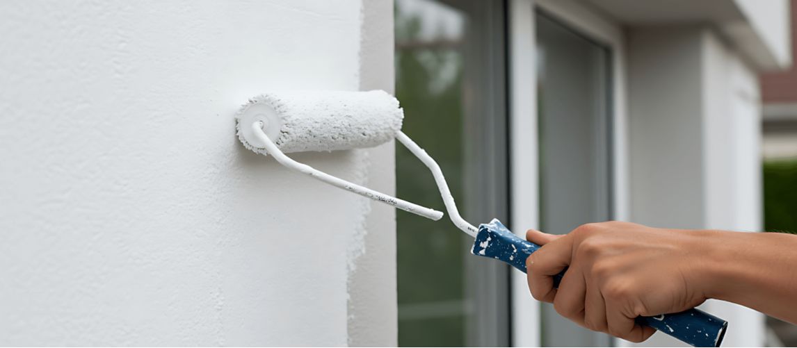Person applying white paint to a house wall