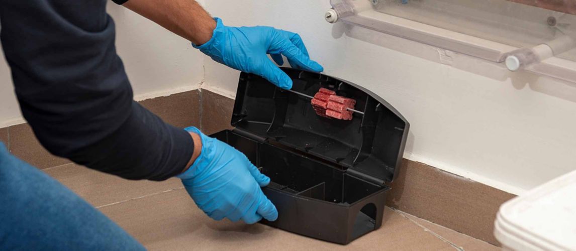 Red block rat poison is attached to the inside of a black bait station that's being lain in a corner by a pair of rubber-gloved hands.