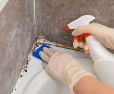A rubber-gloved pair of hands sprays and scrubs at black mould around the corner of a bathtub.