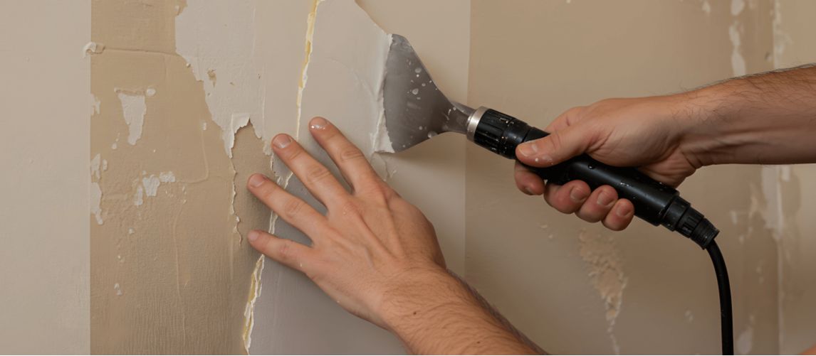 Close-up of hands using a steam scraper to remove old peeling wallpaper