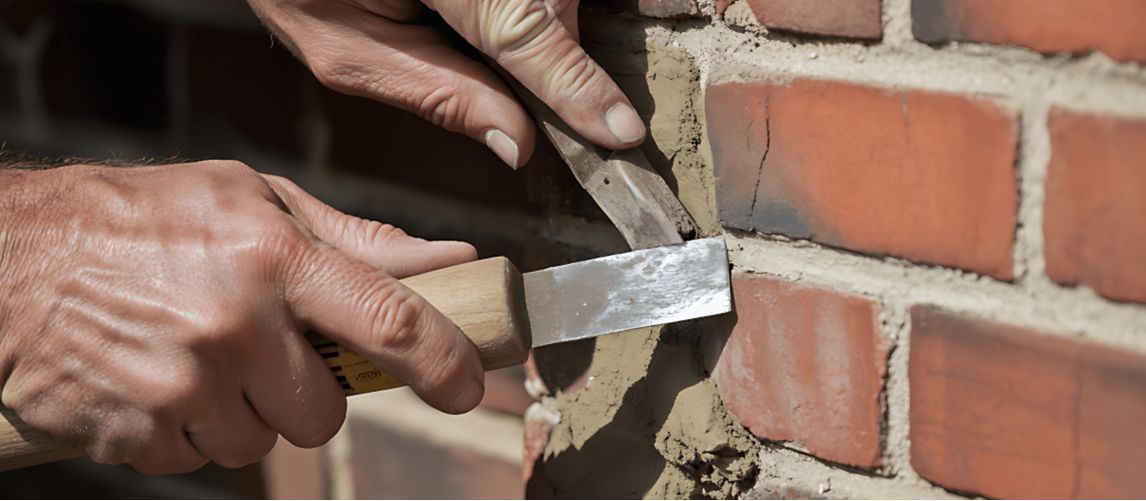 Super close-up shot of a worker scraping old mortar out of a brick wall joint. A detailed image for masonry repair, renovation, and building restoration.