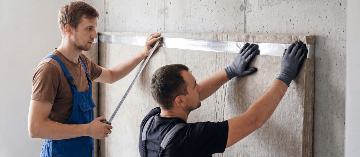 Two workers fitting acoustic insulation panels to a wall.