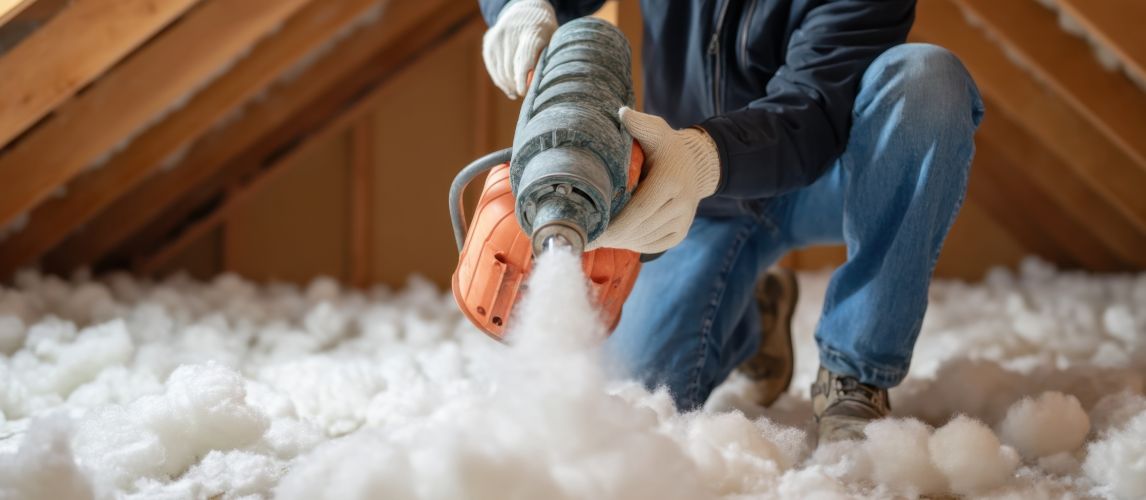 Worker Using Blower in Attic for Insulation Removal and Airflow Improvement