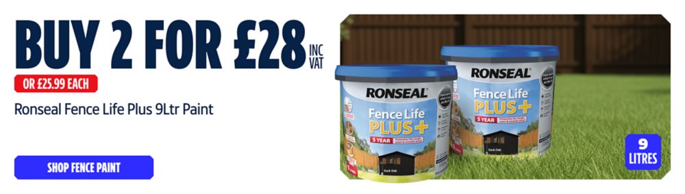 Buy 2 for £28 Inc VAT on Ronseal Fence Life Plus 9Ltr Paint. Shop Fence Paint