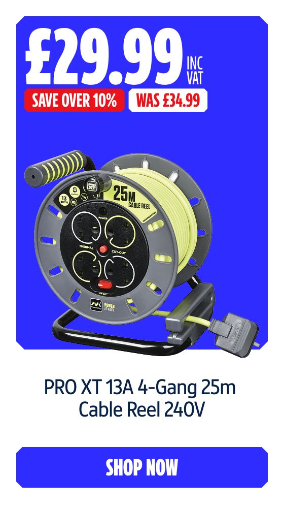 Save Over 10% on this Pro XT 13A 4-Gang 25m Cable Reel 240V. Shop Now