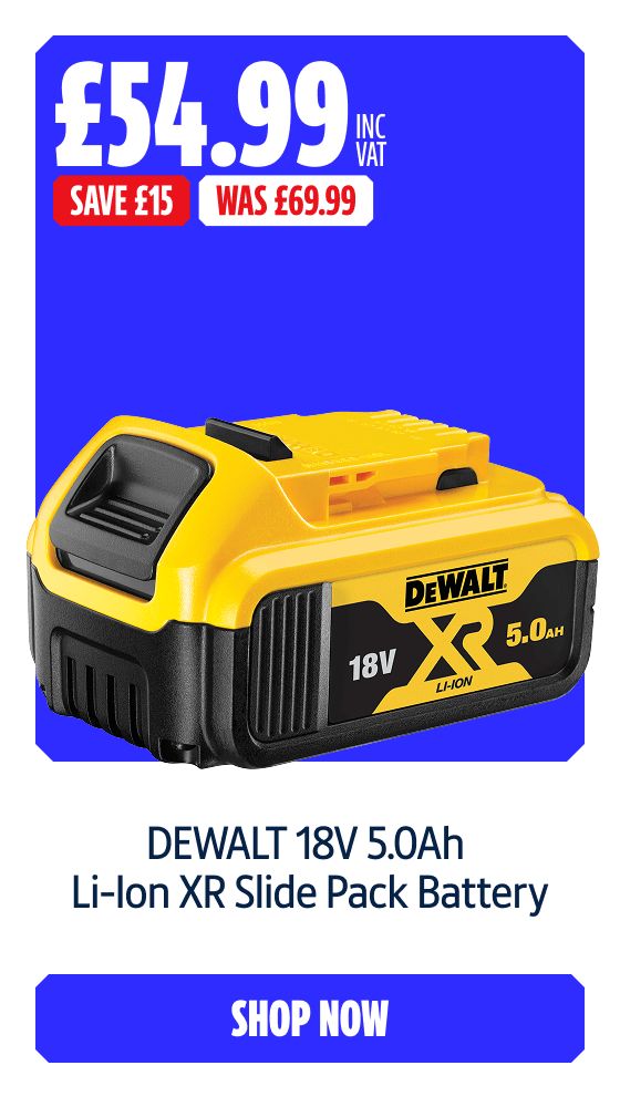 Save £15 Inc VAT on this DEWALT 18V 5.0Ah Li-Ion XR Slide Pack Battery. Shop Now