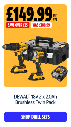 Save Over £35 Inc VAT on this DEWALT 18V 2 x 2.0Ah Brushless Twin Pack. Shop Drill Sets