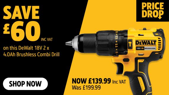 Save £60 Inc VAT on this DeWalt  18V 2 x 4.0Ah Brushless Combi Drill
