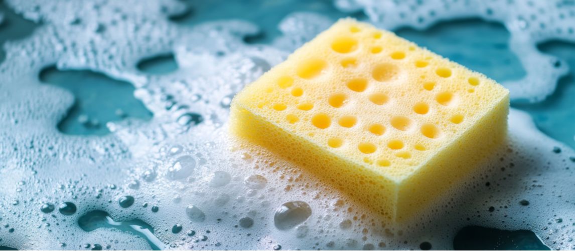 Man’s hand in work gloves applying soap on the wall to clean before painting