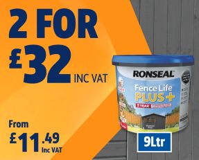 2 for £32 Inc VAT on Ronseal Fence Life Plus. Shop Now