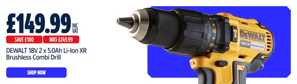 Save £100 Inc VAT on this DEWALT 18V 2 x 5.0Ah Li-Ion XR Brushless Combi Drill. Shop Now