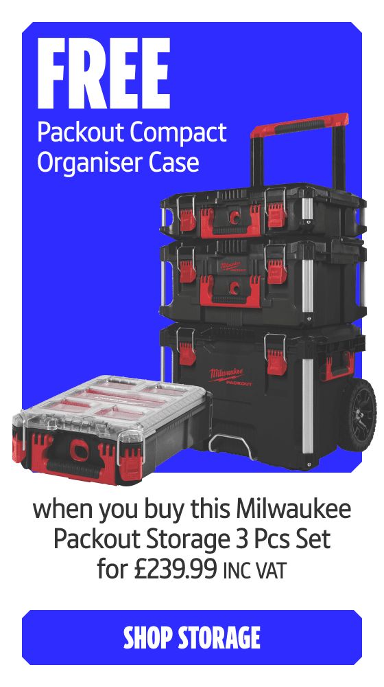 FREE Packout Compact Organiser Case when you buy this Milwaukee Packout Storage 3 Pcs Set for £239.99 Inc VAT. Shop Storage