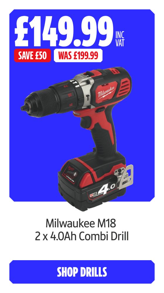 Save £50 Inc VAT on this Milwaukee M18 2 x 4.0Ah Combi Drill. Shop Drills
