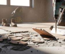 Man using concrete breaker to remove floor tiles.