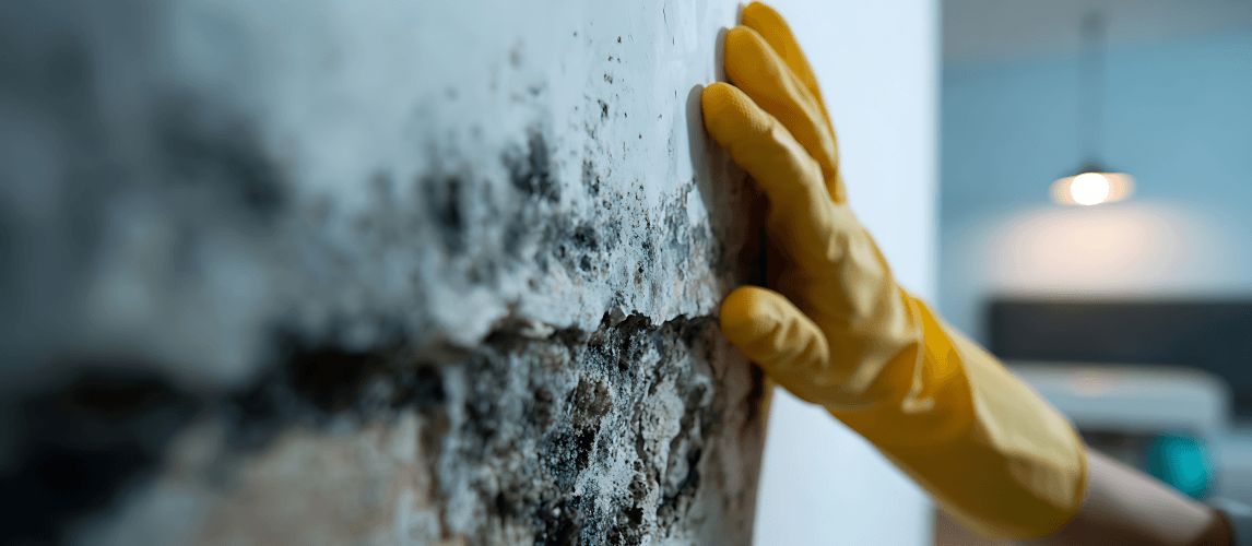 Person wearing protective yellow glove touch black mold and damp on a wall