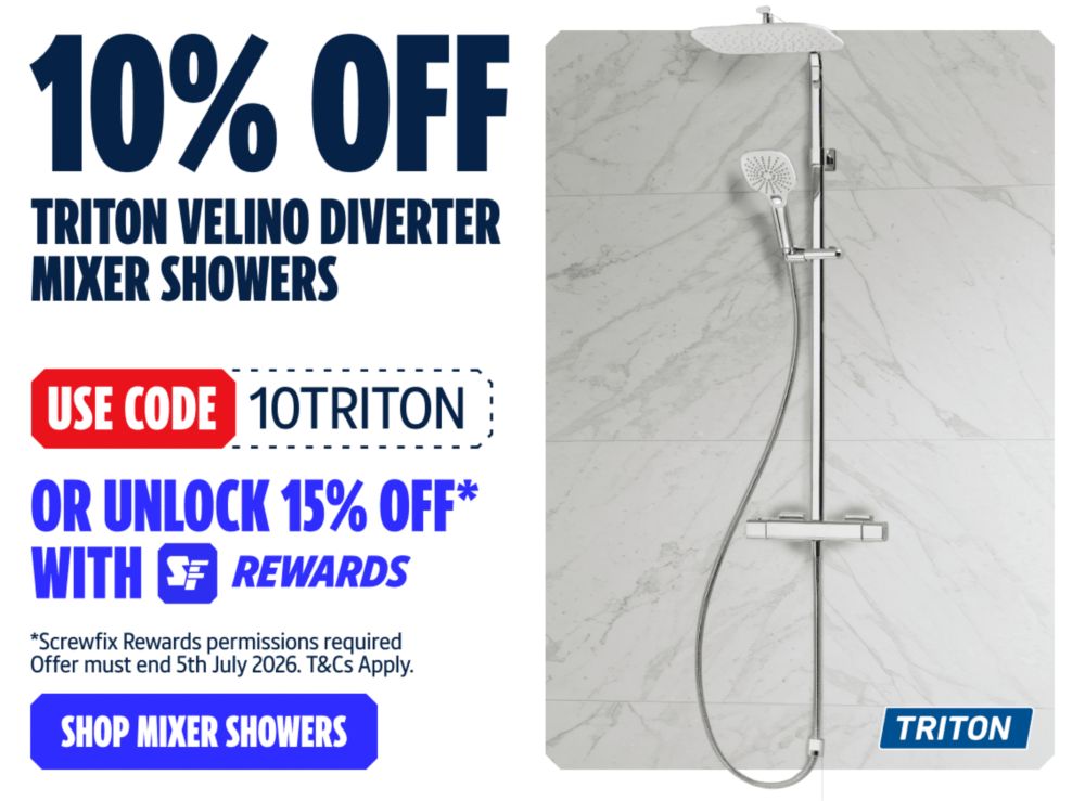 10% Off Triton Velino Diverter Mixer Showers using code 10TRITON. Or Unlock 15% off with Screwfix Rewards. Shop Mixer Showers