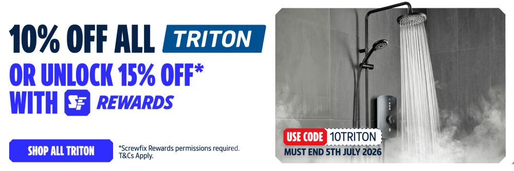 10% off All Triton using code 10TRITON. Or Unlock 15% off with Screwfix Rewards. Shop All Triton
