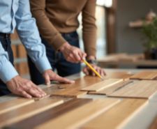 Two men examine wood plank samples for interior home design.