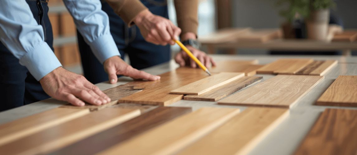 Two men examine wood plank samples for interior home design.