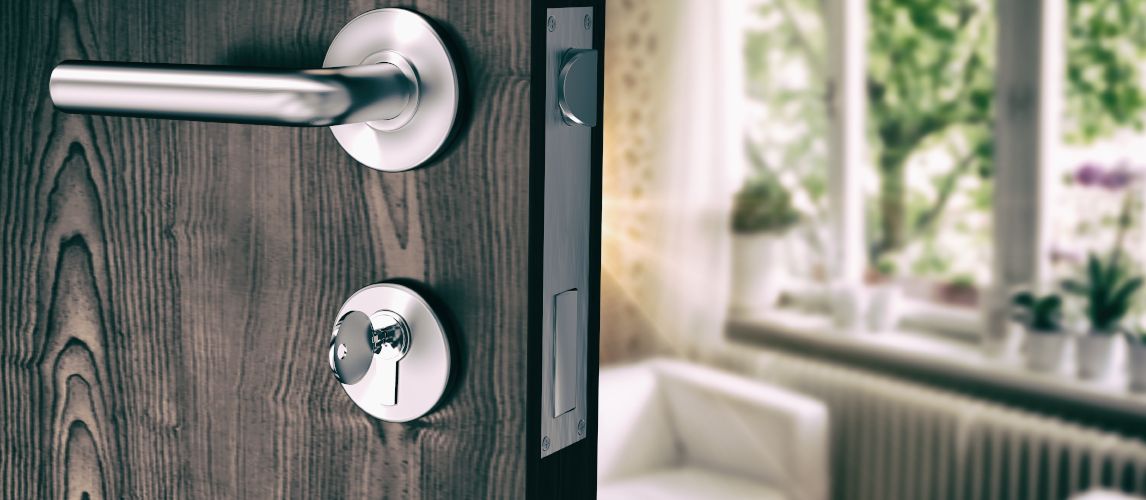 Composite image of brown door with metal doorknob and lock