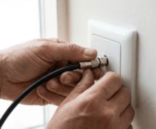Hands connecting a black coaxial antenna cable to a white wall outlet socket 
